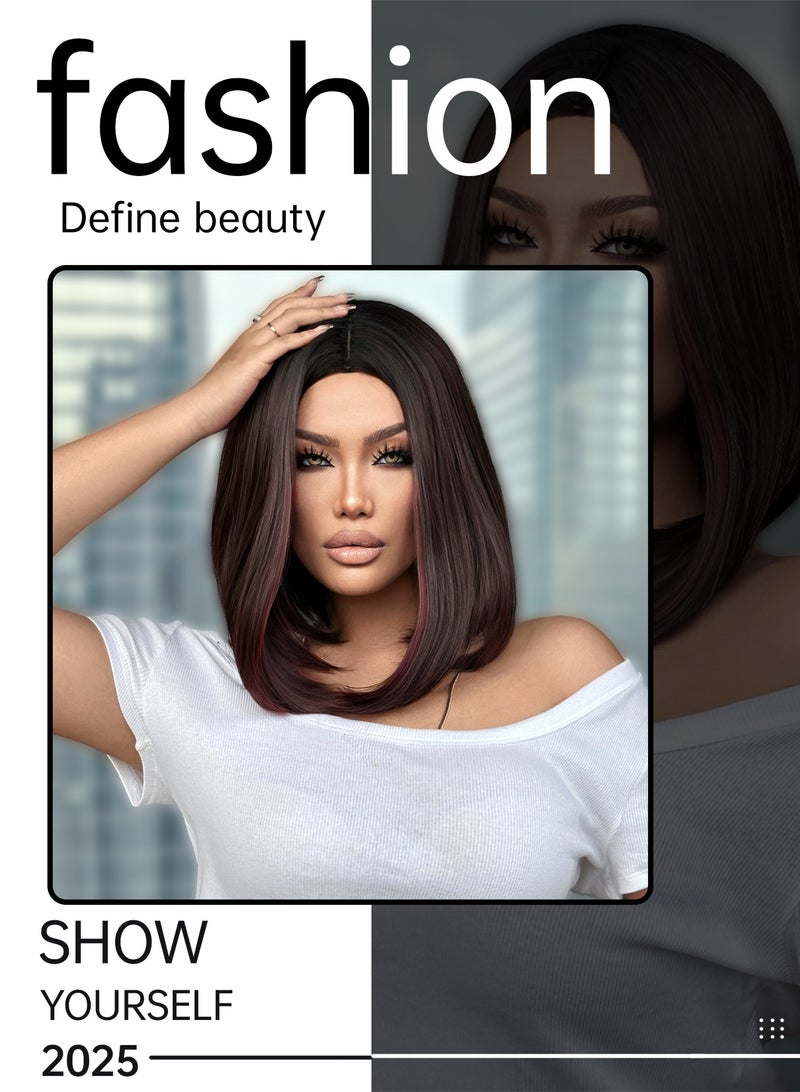 Elegant 18-inch straight short hair wig for women, high-temperature fiber, soft and breathable synthetic hair, natural bangs, rose mesh cap, lightweight and comfortable, easy to care for, suitable for daily wear. - Image 3