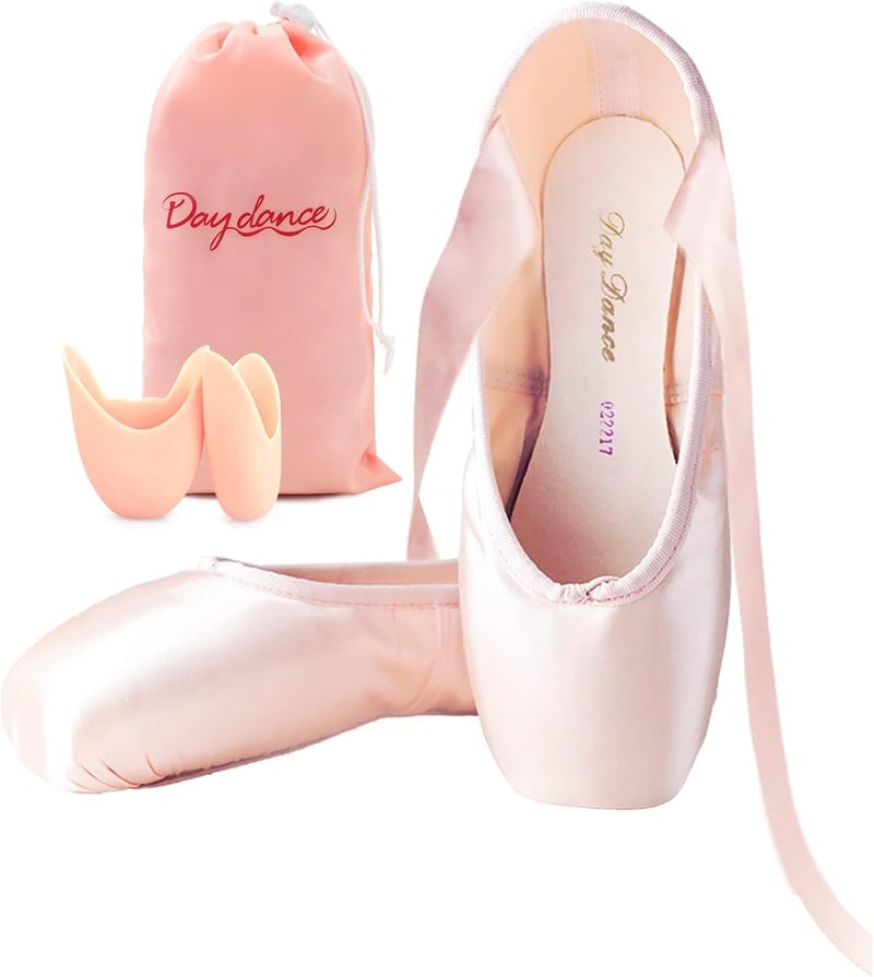 Daydance Ballet Pointe Shoes Girls Women Ribbon Ballerina Shoes with Toe Pads - Image 1