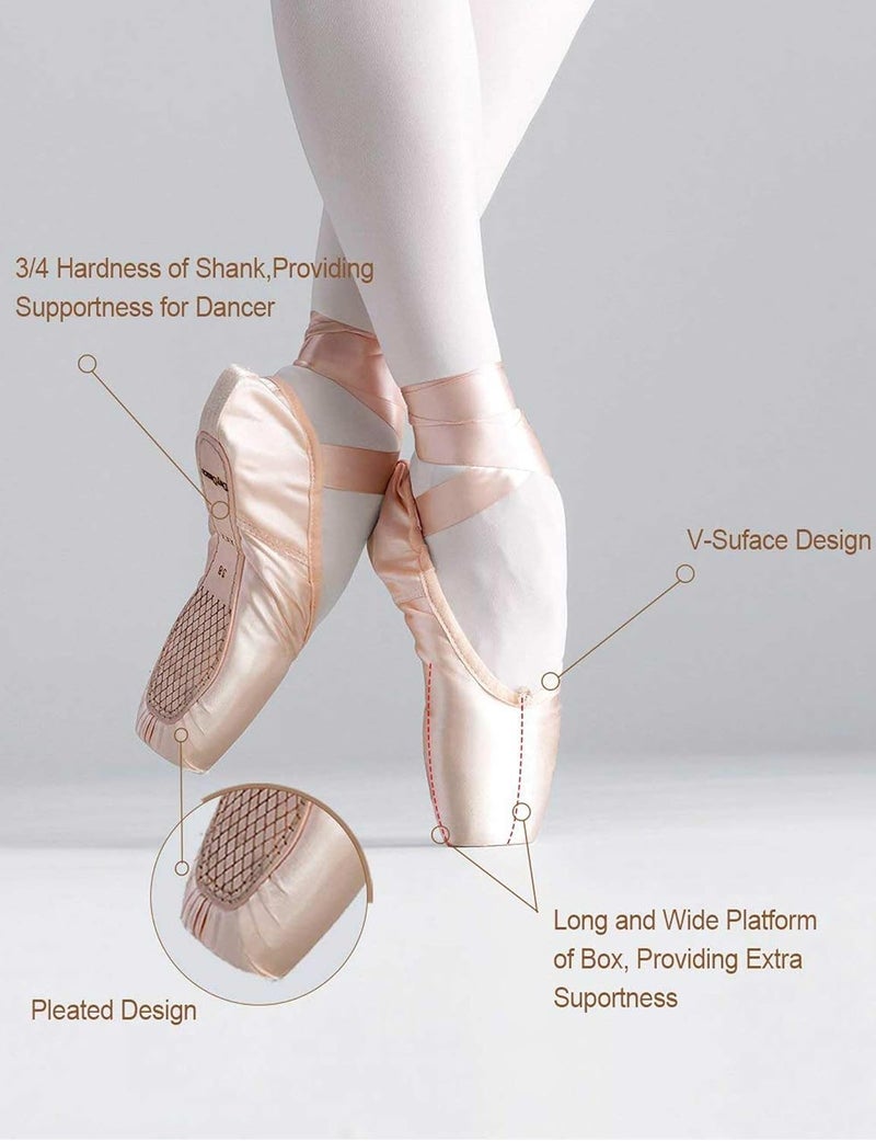 Daydance Ballet Pointe Shoes Girls Women Ribbon Ballerina Shoes with Toe Pads - Image 2