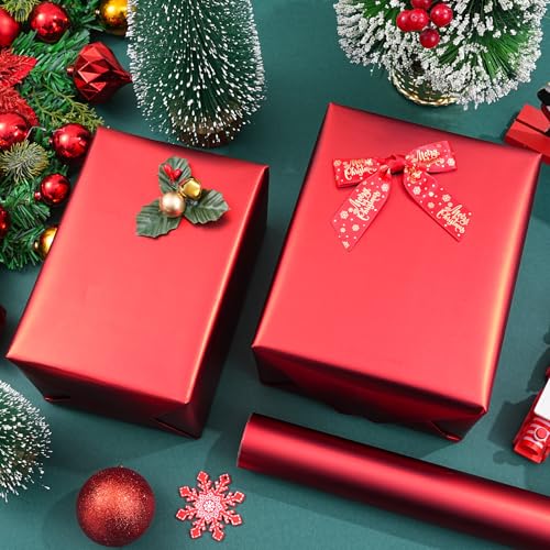ZINTBIAL Metallic Red Wrapping Paper Roll with Cut Lines Solid Red Holiday Gift Wrap for Graduation Christmas Birthdays Baby Shower Wedding 175 in x 33 ft 48 sq ft Easy to Cut - Image 3