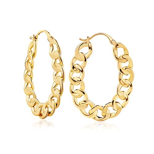 Barzel 18K Gold Plated Link Chain Hoop Earrings for Women 1.5in length 7.8mm wide - Made in Brazil - Image 1