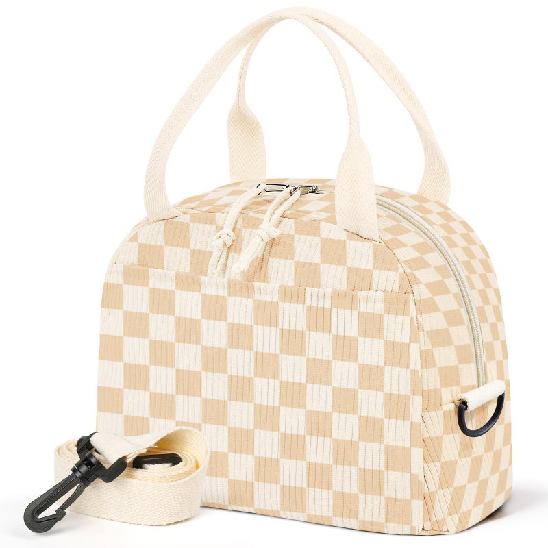 WOBAGMEN Lunch Box for WomenCheckered Lunch Bag Cute Corduroy Insulated Lunch Box With Shoulder Strap for Adult Womens for Work Picnic - Image 2