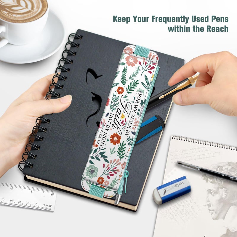 FINPAC 2-Pack Elastic Pen Holder for Notebook, Leather Pen Holder Stationery Zipper Bag for Pencils, Markers, Pen Pouch w/Elastic Band for Bible Journaling, Planners, Tablets, Spring Bloom - Image 2