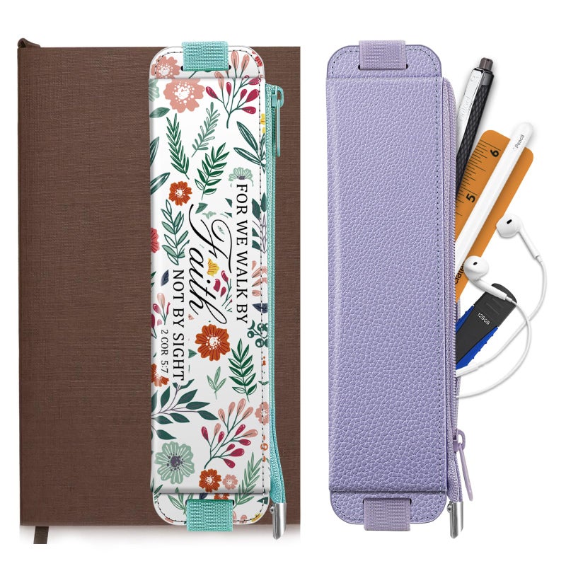 FINPAC 2-Pack Elastic Pen Holder for Notebook, Leather Pen Holder Stationery Zipper Bag for Pencils, Markers, Pen Pouch w/Elastic Band for Bible Journaling, Planners, Tablets, Spring Bloom - Image 1