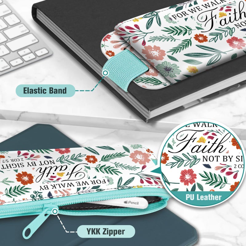 FINPAC 2-Pack Elastic Pen Holder for Notebook, Leather Pen Holder Stationery Zipper Bag for Pencils, Markers, Pen Pouch w/Elastic Band for Bible Journaling, Planners, Tablets, Spring Bloom - Image 4
