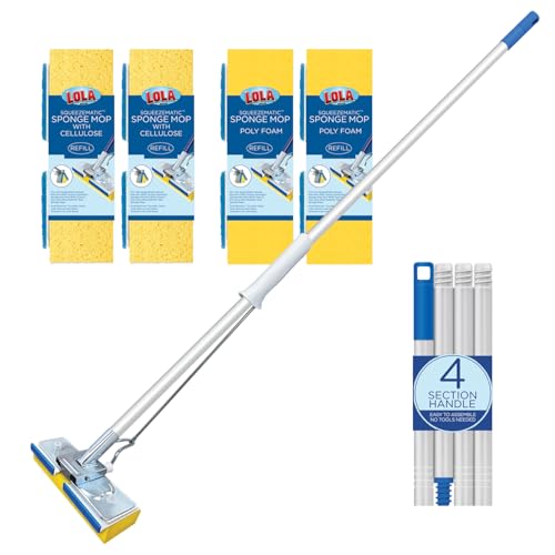 LOLA Squeezematic Butterfly Automatic Sponge Mop, 4 Mop Heads - 2 Foam w/ Cellulose Layer & 2 All Foam, 9" Head w/ Scuff Remover - Image 1