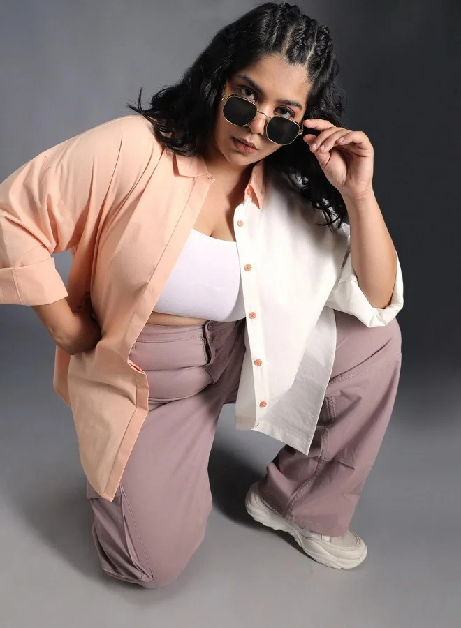 HIGH STAR Women's Multicolour 100% Cotton Colourblocked Button Down Oversized Shirt