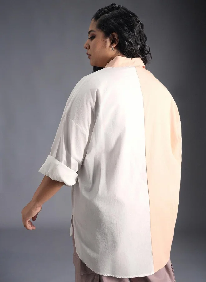 HIGH STAR Women's Multicolour 100% Cotton Colourblocked Button Down Oversized Shirt