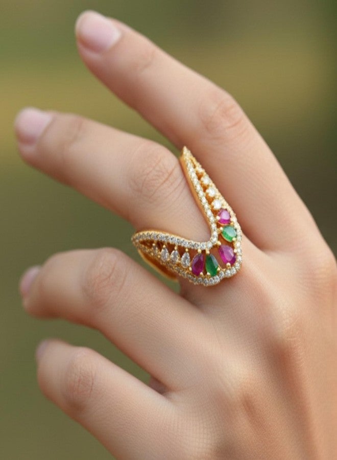 ZEELLO Traditional Multicolour CZ Stone Vanki Finger Ring for Women and Girls, Gold Plated Lightweight Trendy Design - Image 3