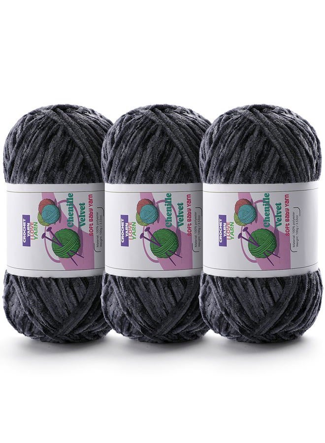 DAERBOF 3 Skeins Soft Fluffy Velvet Yarn, Chenille Chunky Yarn for Hand Knitting and Crocheting DIY Craft, Amigurumi Crochet Yarn（3×196.8yds, 3×3.5oz） (Dark Gray) - Image 1