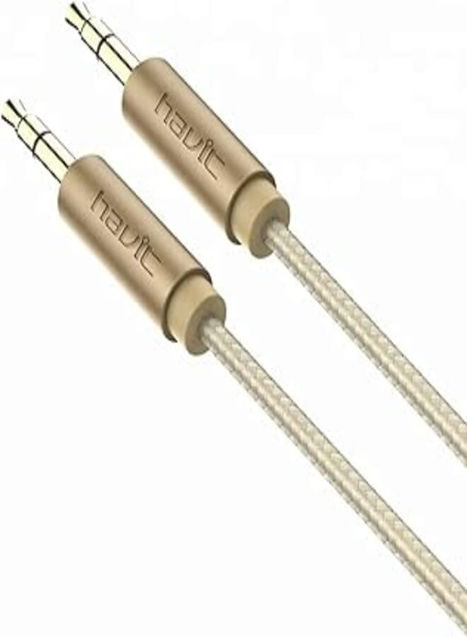 Havit cb66 3.5mm Auxiliary,24k golden plated with high fidelity nylon weave cable, 1m gold.