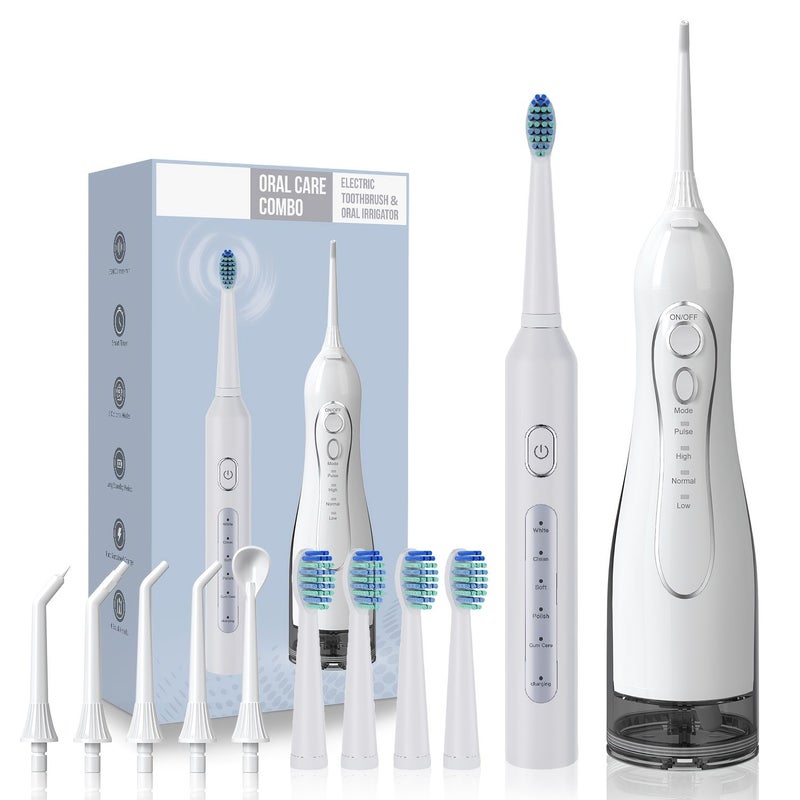 Ultrasonic Electric Toothbrush Water Flosser Oral Irrigator Set 5 Nozzles 4 Brush Heads 5 Brushing Modes 4 Cleaning Modes White Personal Care For Adult Men Women Students - Image 1