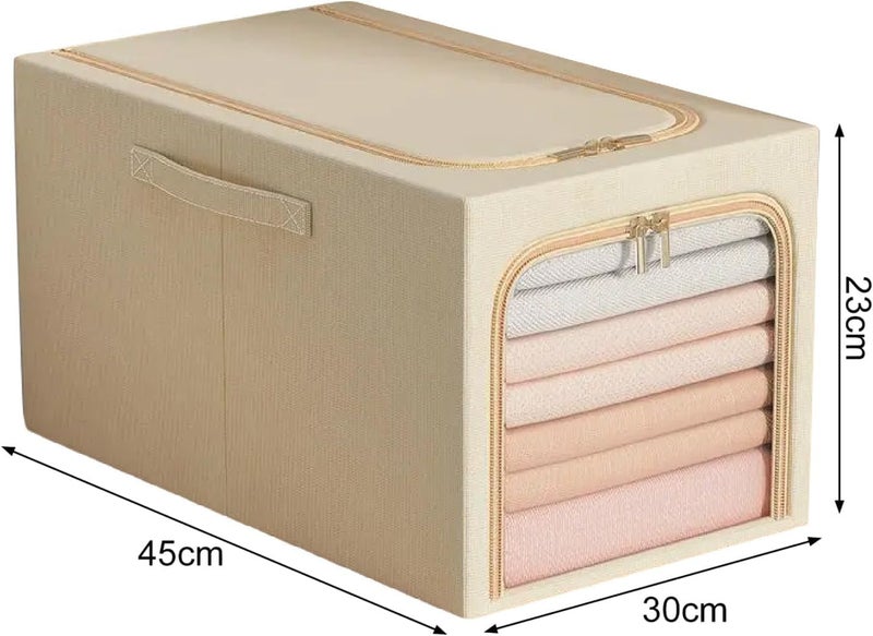 FLYNGO Linen 2 Pcs 31L Foldable Steel Frame Clothes Organizer Storage Box, Cloth Wardrobe Organizer for Storage Home, Bedroom with Handle - 31 Liters (Pack of 2, Beige) - Image 2