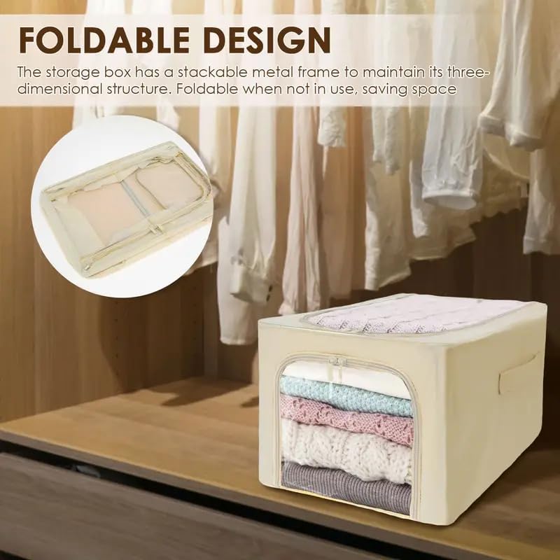 FLYNGO Linen 2 Pcs 31L Foldable Steel Frame Clothes Organizer Storage Box, Cloth Wardrobe Organizer for Storage Home, Bedroom with Handle - 31 Liters (Pack of 2, Beige) - Image 5