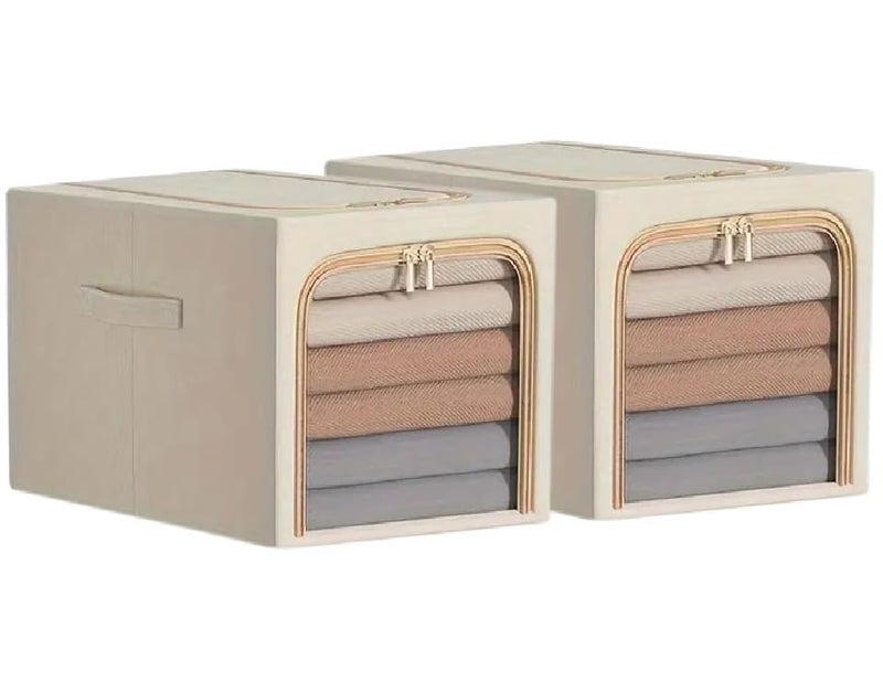 FLYNGO Linen 2 Pcs 31L Foldable Steel Frame Clothes Organizer Storage Box, Cloth Wardrobe Organizer for Storage Home, Bedroom with Handle - 31 Liters (Pack of 2, Beige) - Image 1