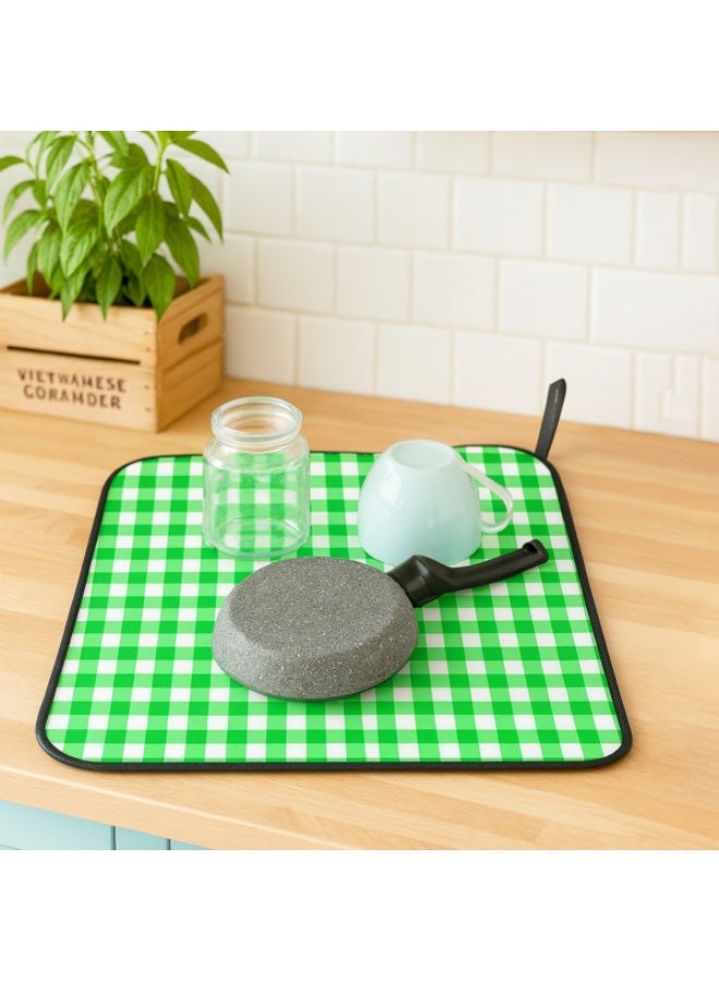 Green Checkered Reversible Dish Drying Mat – Super Absorbent Nano Fabric Foldable Countertop Drying Mat 45x36 cm - Image 1