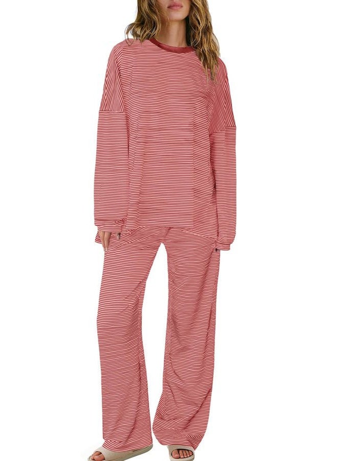 Panadila Womens 2 Piece Lounge Sets Striped Long Sleeve Pajama Set Oversized Tshirts Wide Leg Pant Loungewear, Dusty Pink Combo, XL - Image 3