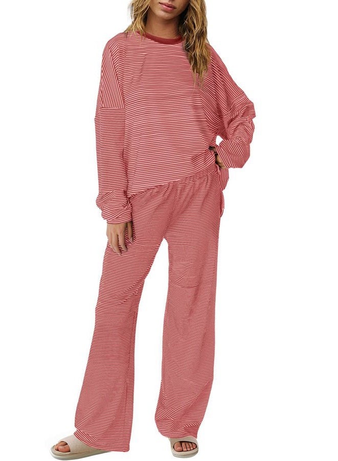 Panadila Womens 2 Piece Lounge Sets Striped Long Sleeve Pajama Set Oversized Tshirts Wide Leg Pant Loungewear, Dusty Pink Combo, XL - Image 1