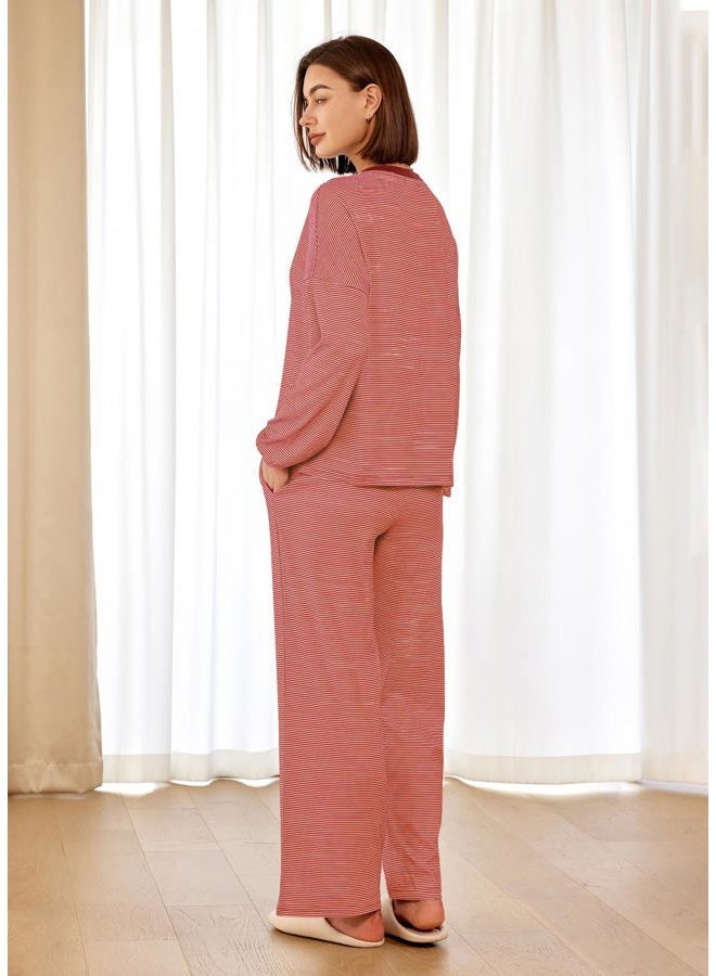 Panadila Womens 2 Piece Lounge Sets Striped Long Sleeve Pajama Set Oversized Tshirts Wide Leg Pant Loungewear, Dusty Pink Combo, XL - Image 4