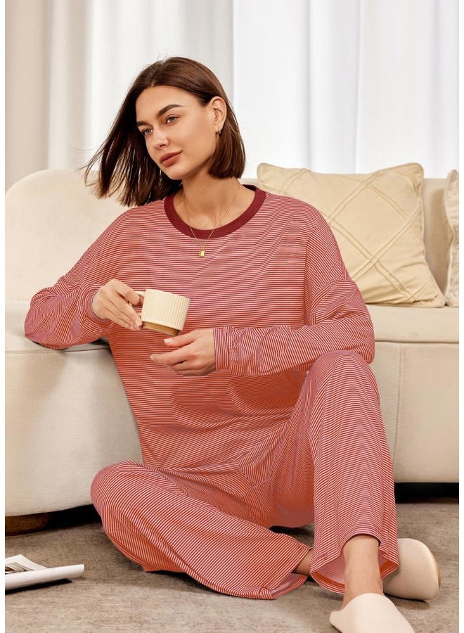 Panadila Womens 2 Piece Lounge Sets Striped Long Sleeve Pajama Set Oversized Tshirts Wide Leg Pant Loungewear, Dusty Pink Combo, XL - Image 5