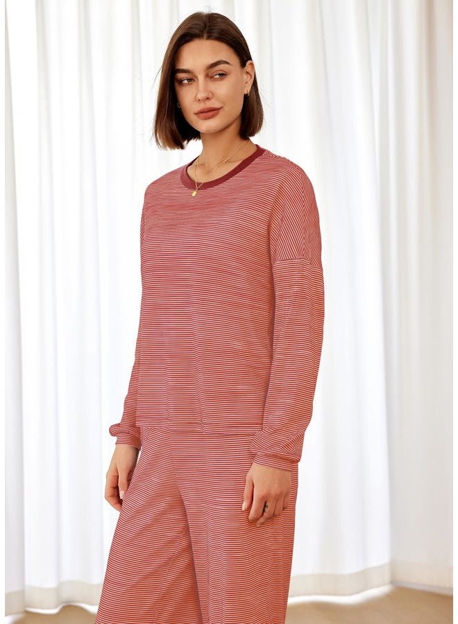 Panadila Womens 2 Piece Lounge Sets Striped Long Sleeve Pajama Set Oversized Tshirts Wide Leg Pant Loungewear, Dusty Pink Combo, XL - Image 2