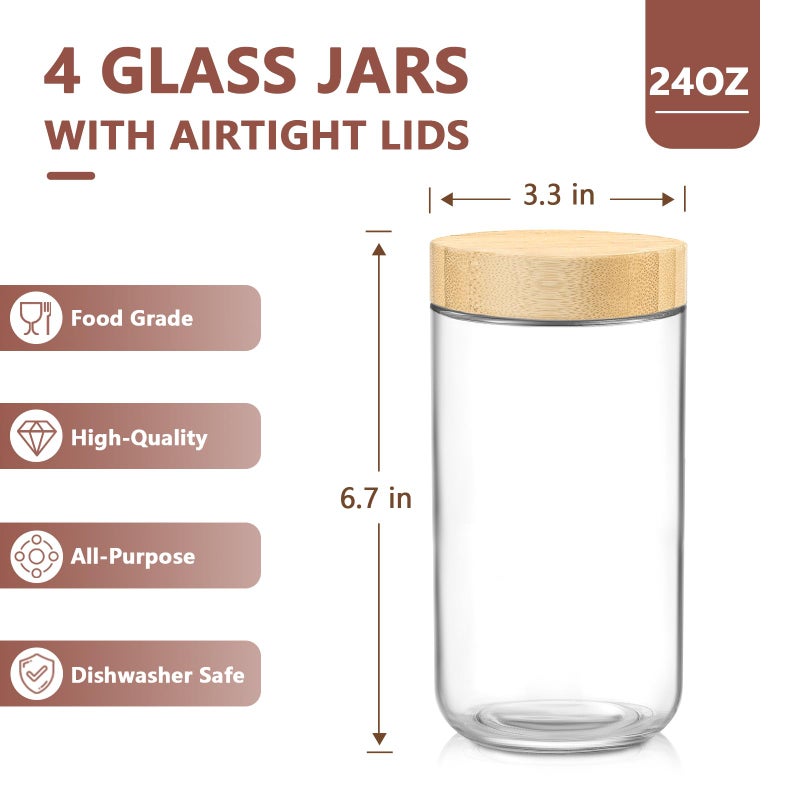 DRKIO 24 Oz Overnight Oats Containers with Bamboo Lids - 4 Pack Glass Storage Jars with Airtight Lids Wide Mouth Mason Food Jars Great for Meal Prep Salad Chia Pudding Snacks Yogurt Sugar Spice - Image 2