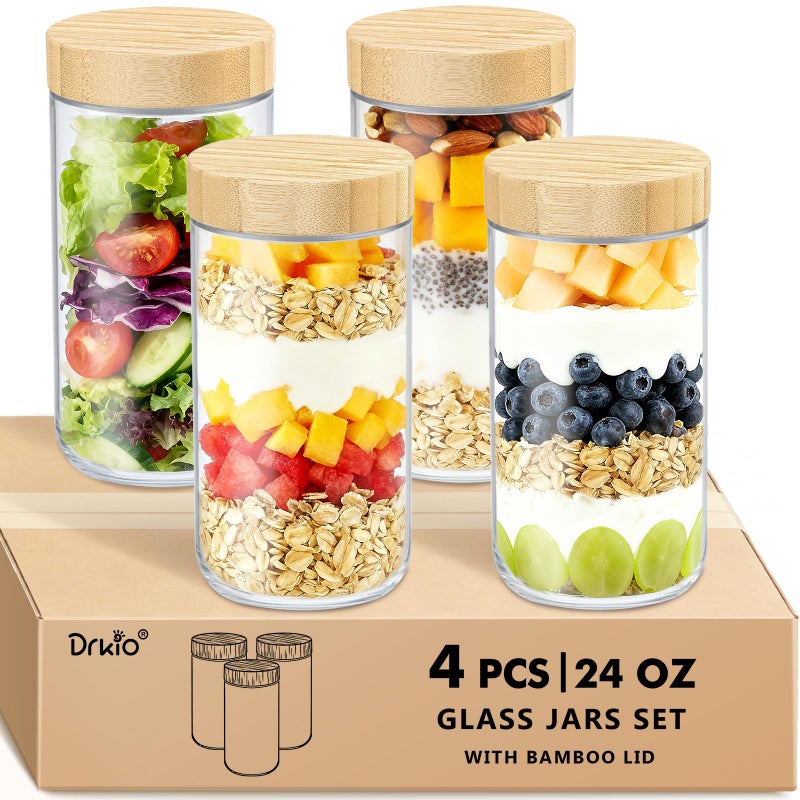 DRKIO 24 Oz Overnight Oats Containers with Bamboo Lids - 4 Pack Glass Storage Jars with Airtight Lids Wide Mouth Mason Food Jars Great for Meal Prep Salad Chia Pudding Snacks Yogurt Sugar Spice - Image 1