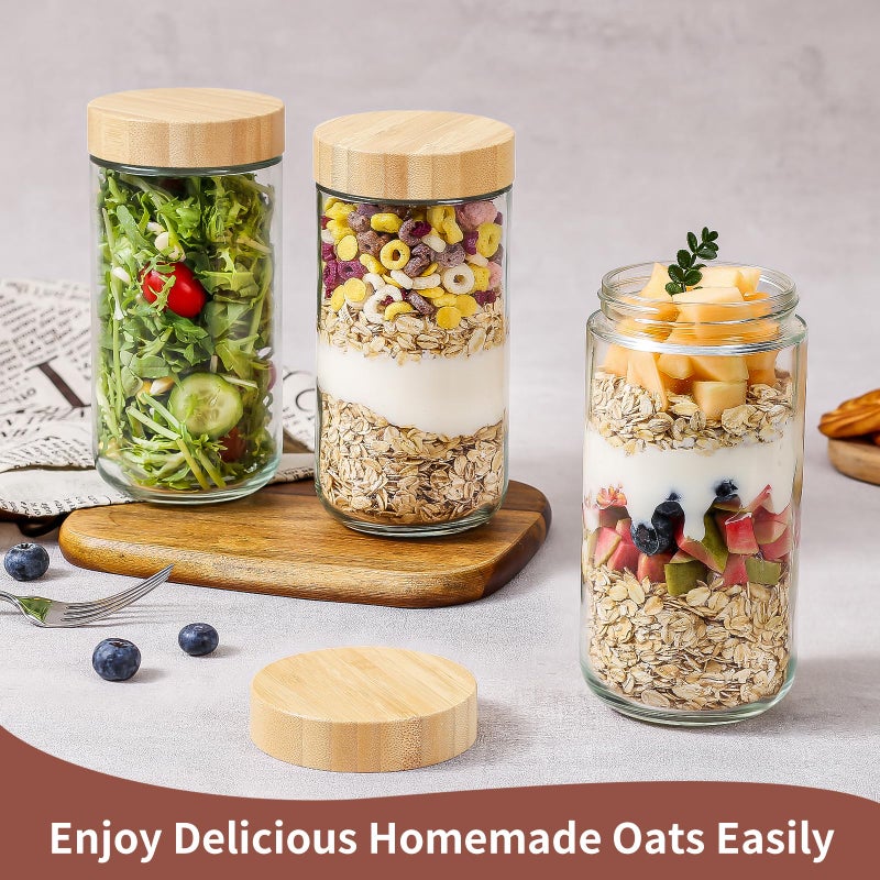 DRKIO 24 Oz Overnight Oats Containers with Bamboo Lids - 4 Pack Glass Storage Jars with Airtight Lids Wide Mouth Mason Food Jars Great for Meal Prep Salad Chia Pudding Snacks Yogurt Sugar Spice - Image 4