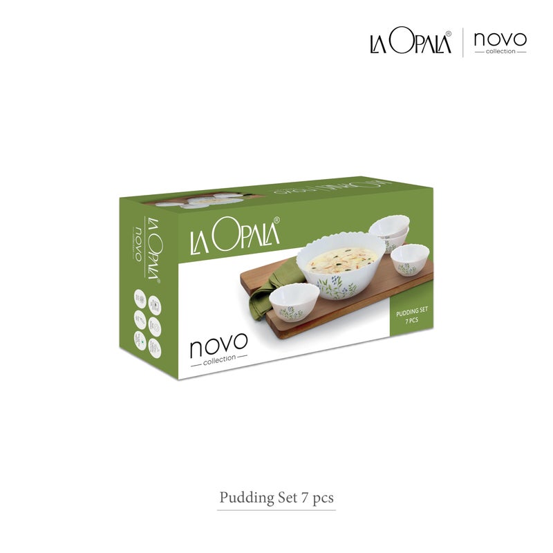 La Opala Novo Collection Opal Glass Crockery | Gift Set of 7 | Pudding Set 7 pcs Lush Greens | Bowls for Desserts & Gifting | Microwave Safe | 100% Vegetarian | Extra Strong | Light & White - Image 5