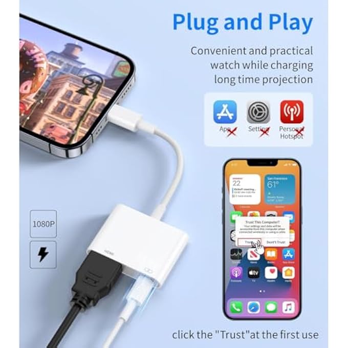 rayihni LIGHTNING TO HDMI ADAPTER FOR IPHONE TO TV, 1080P DIGITAL AV AUDIO CONVERTER, MFI CERTIFIED SYNC SCREEN DONGLE FOR IPAD TO TV/PROJECTOR/MONITOR - Image 3