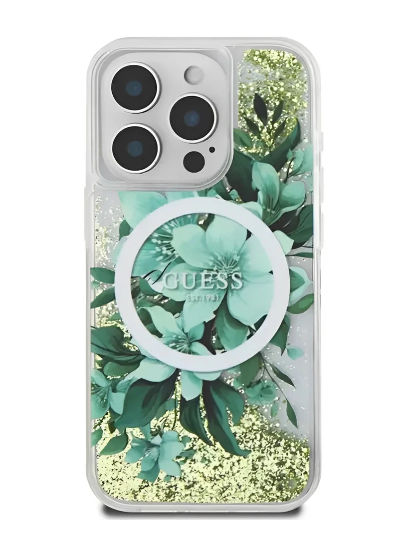 GUESS MagSafe Liquid Glitter Hard Case with Flower Design for iPhone 16 Pro Max / Drop and Damage Protection / Accurate Cutouts - Green