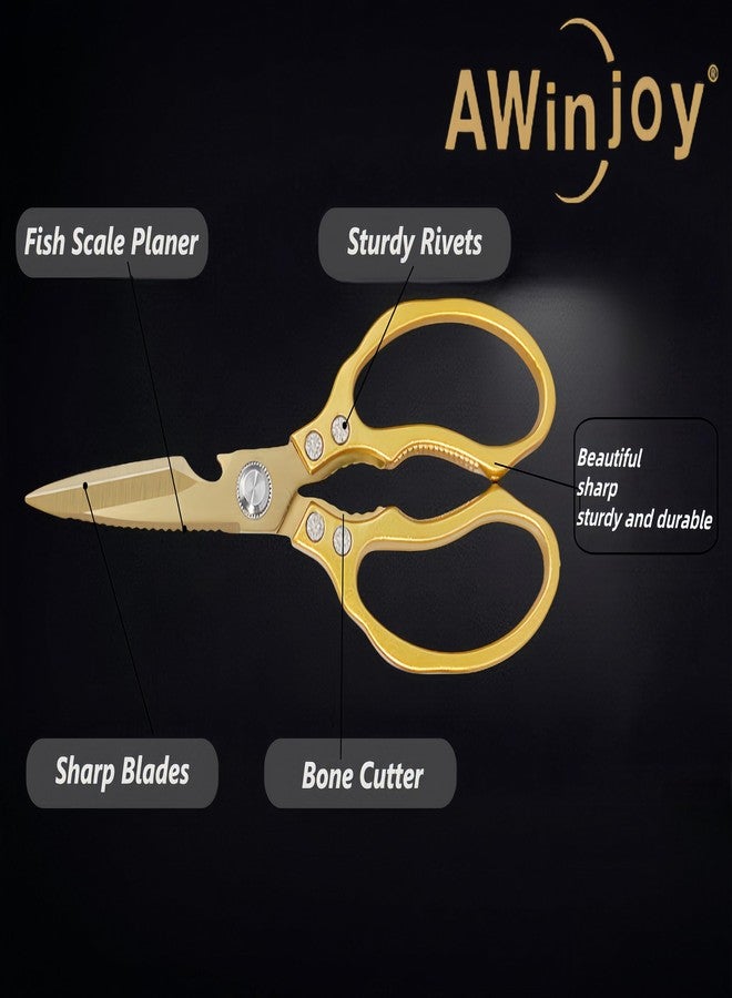 مقص مطبخ AWinjoy الياباني الذهبي، مصنوع من الفولاذ المقاوم للصدأ شديد التحمل، مقص طبخ متعدد الأغراض، آمن للاستخدام في غسالة الأطباق - Image 3