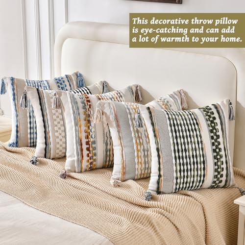 AmHoo Chenille Striped Textured Boho Throw Pillow Covers Aesthetic with Tassels Woven Decorative Pillow Case for Couch Bed Sofa Bedroom Modern Funky 18 x 18-Inch Brown - Image 4