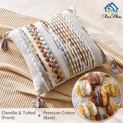 AmHoo Chenille Striped Textured Boho Throw Pillow Covers Aesthetic with Tassels Woven Decorative Pillow Case for Couch Bed Sofa Bedroom Modern Funky 18 x 18-Inch Brown - Image 2