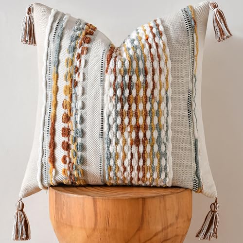 AmHoo Chenille Striped Textured Boho Throw Pillow Covers Aesthetic with Tassels Woven Decorative Pillow Case for Couch Bed Sofa Bedroom Modern Funky 18 x 18-Inch Brown - Image 1