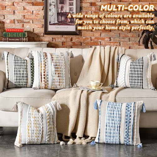AmHoo Chenille Striped Textured Boho Throw Pillow Covers Aesthetic with Tassels Woven Decorative Pillow Case for Couch Bed Sofa Bedroom Modern Funky 18 x 18-Inch Brown - Image 5