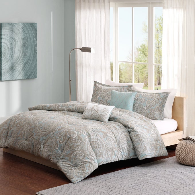 PURE RONAN COTTON COMFORTER SET CASUAL PAISLEY DESIGN ALL SEASON ALTERNATIVE DOWN COZY BEDDING MATCHING SHAMS DECORATIVE PILLOWS BLUE KINGCAL KING104X92 5 PIECE