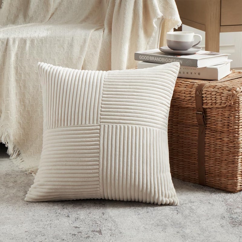 Fancy Homi غطاءان وسائد زخرفية من فانسي هومي بطبعة ريفية بوهيمية باللون الترابي مقاس 18x18 بوصة للأريكة والسرير والأسرة، ديكور منزل ريفي خريفي، غطاء وسادة ناعم من قماش الكوردوروي المزخرف بتقنية الترقيع والملمس المحبب مقاس 45x45 سم - Image 2