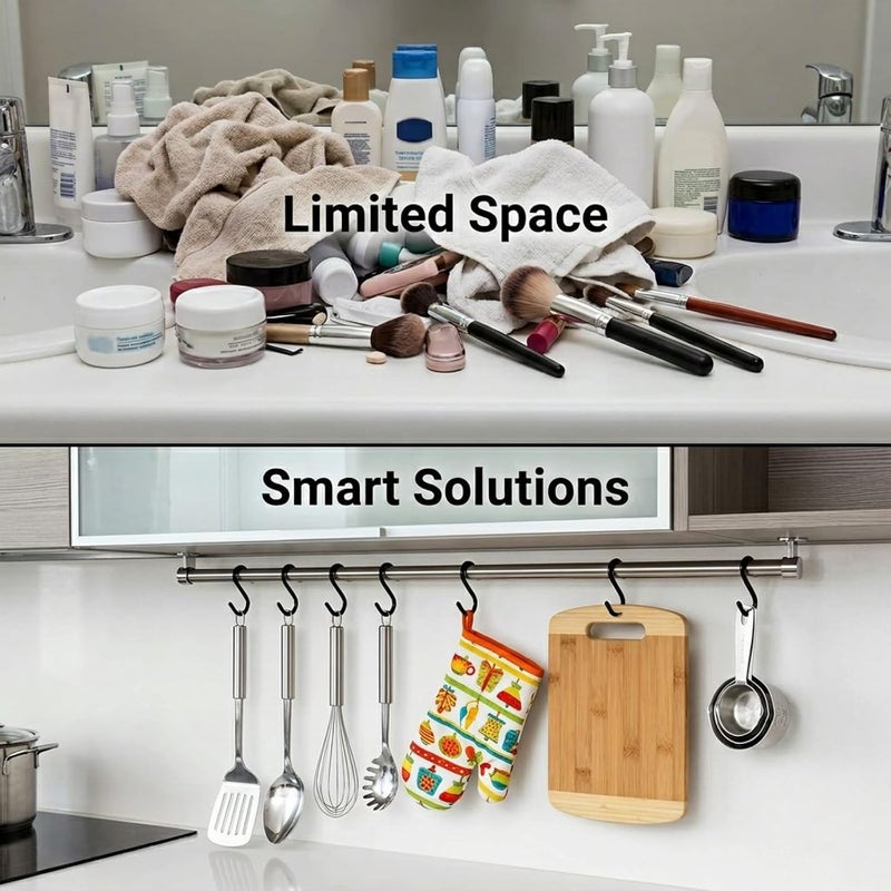 Space-Saving Utility Hooks, 4 Pcs Large Black Plastic S-Hooks, Pack of 3 Durable Organizer Hangers with Secure S-Type Opening, Fit 1.18 in Rods for Kitchen, Bathroom, Closet, Home, Office - Image 2