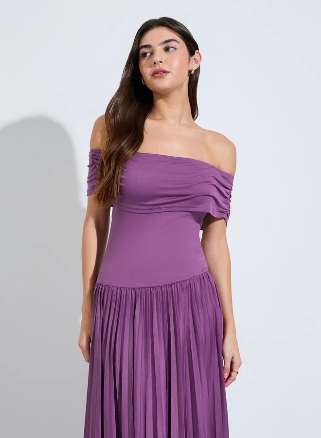 ستايلي Purple Pleated Off Shoulder A-Line Maxi Dress