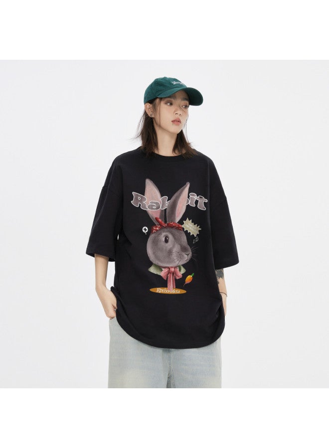 EPTISON Summer Unisex Pure Cotton Cute Bunny Print Slim-fit Round Neck Casual Short Sleeve T-shirt For Women - Image 5