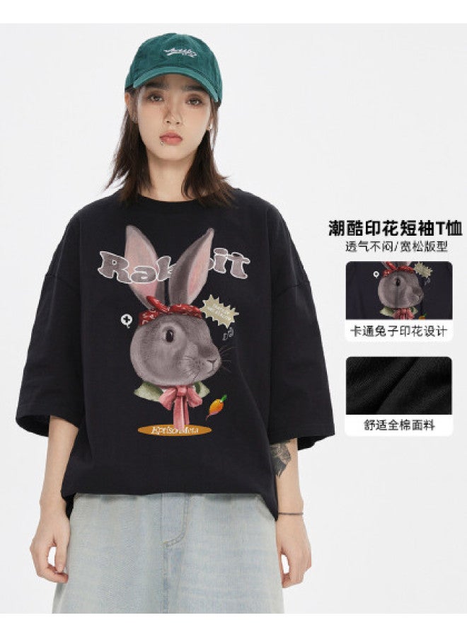 EPTISON Summer Unisex Pure Cotton Cute Bunny Print Slim-fit Round Neck Casual Short Sleeve T-shirt For Women - Image 1