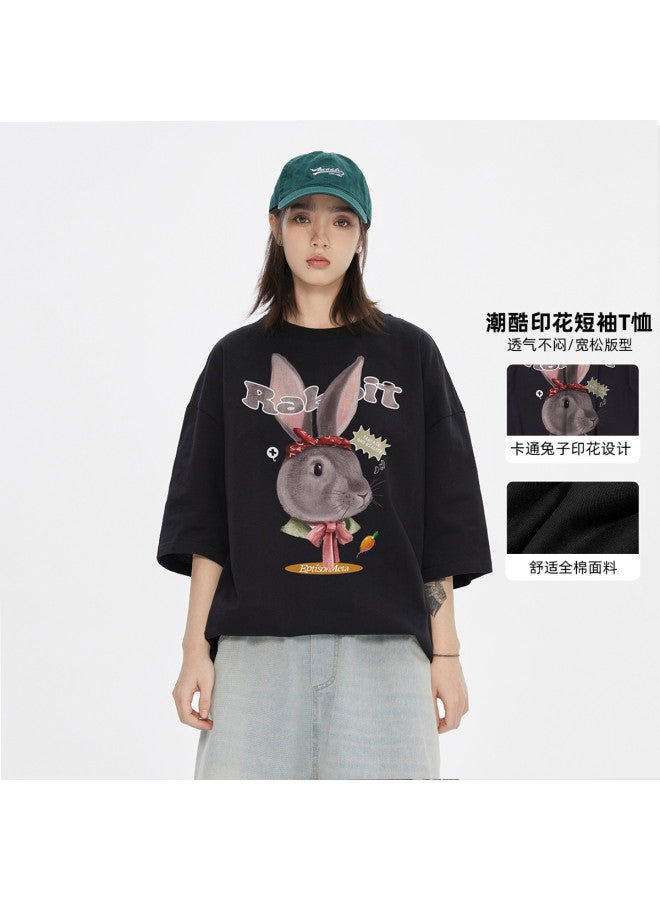 EPTISON Summer Unisex Pure Cotton Cute Bunny Print Slim-fit Round Neck Casual Short Sleeve T-shirt For Women - Image 2
