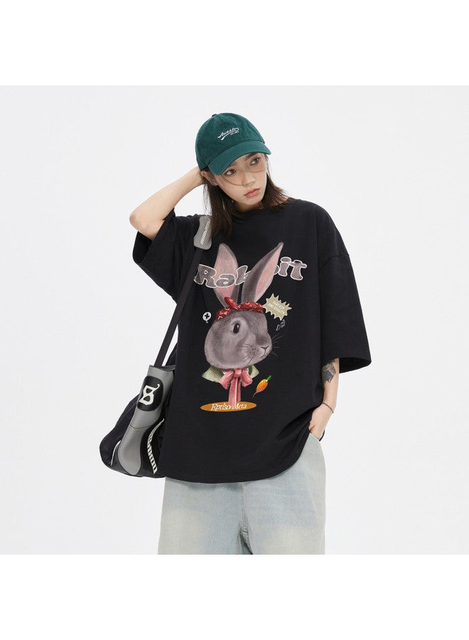 EPTISON Summer Unisex Pure Cotton Cute Bunny Print Slim-fit Round Neck Casual Short Sleeve T-shirt For Women - Image 3
