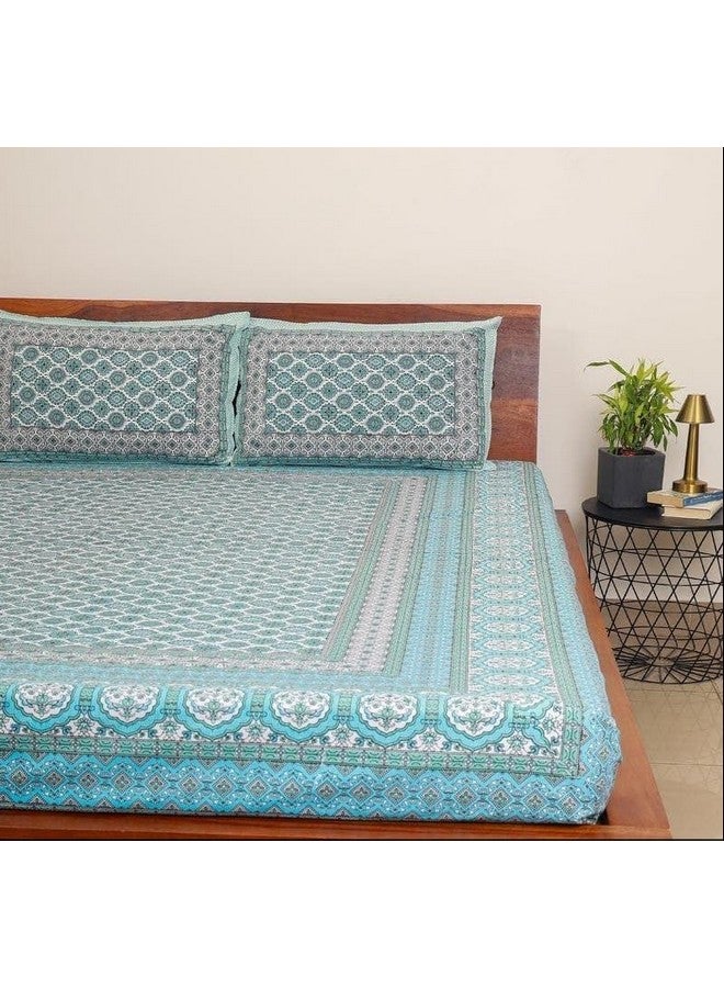 EasyGoods® ملاءة سرير قطن 240 TC للسرير المزدوج - أخضر بحري | ملاءة سرير بحجم كينغ قطن Ethnic60 | ملاءة سرير بحجم كينغ | ملاءة سرير مزدوجة مع 2 غطاء وسادة 90x108 بوصة | ملاءات سرير مصنوعة يدويًا - Image 3