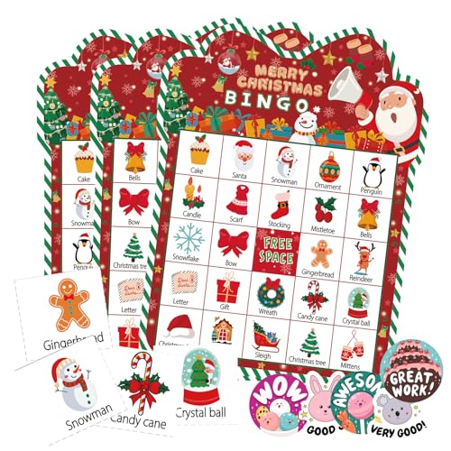 CRYSFIY Christmas Bingo Game 24 Players Christmas Bingo CardsChristmas Party Game for Classroom Activities School Carnivals Office Events Family Nightsand Holiday Entertainment Christmas Party Supplies - Image 1