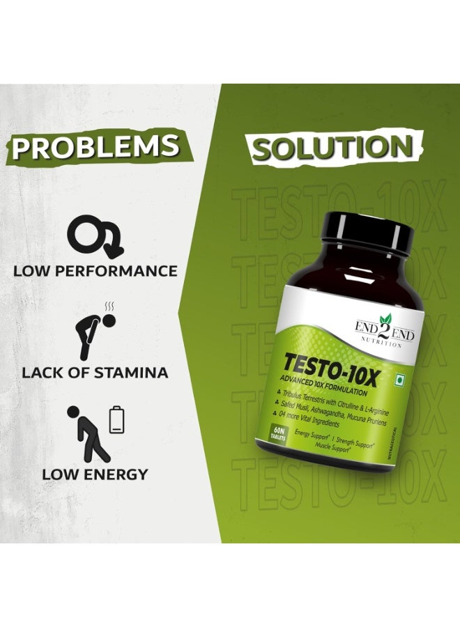 End2End Nutrition Testo-10X Natural Testosterone Booster for Men with Tribulus, L-Arginine, Ashwagandha and Safed Musli for Strength, Stamina, Energy and Muscle Gain – 60 Tablets - Image 3