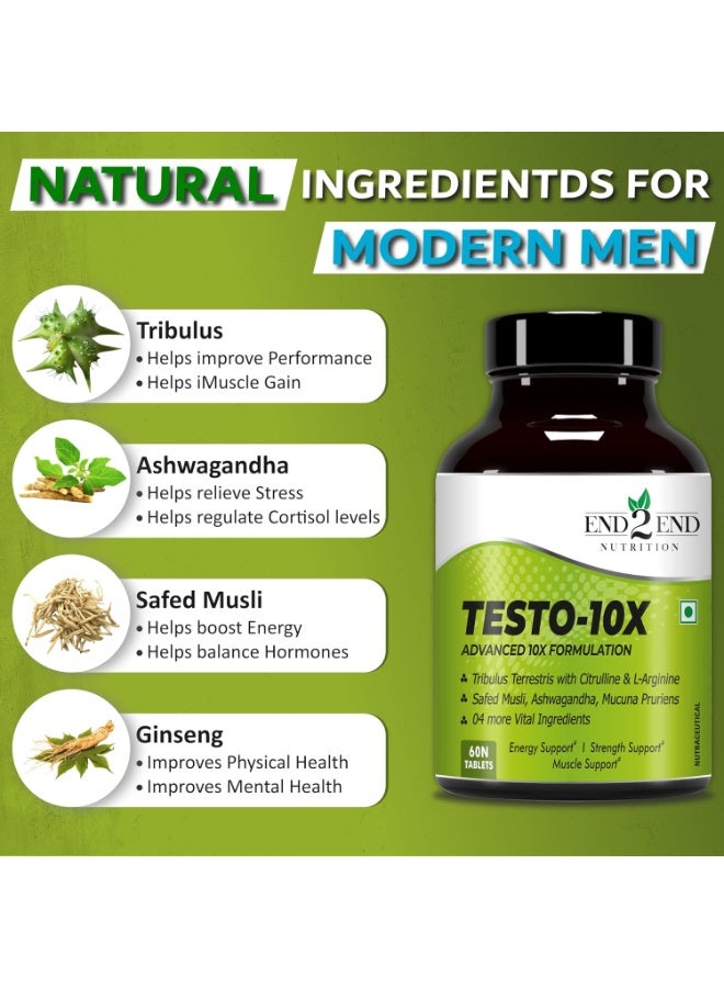 End2End Nutrition Testo-10X Natural Testosterone Booster for Men with Tribulus, L-Arginine, Ashwagandha and Safed Musli for Strength, Stamina, Energy and Muscle Gain – 60 Tablets - Image 4