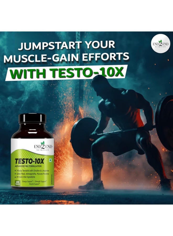 End2End Nutrition Testo-10X Natural Testosterone Booster for Men with Tribulus, L-Arginine, Ashwagandha and Safed Musli for Strength, Stamina, Energy and Muscle Gain – 60 Tablets - Image 2
