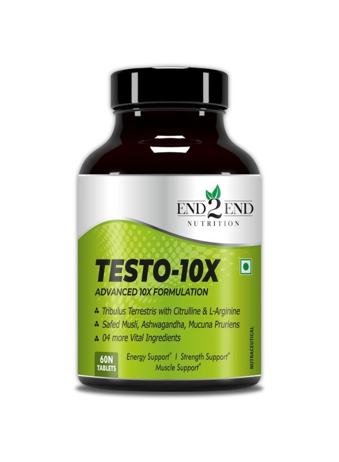 End2End Nutrition Testo-10X Natural Testosterone Booster for Men with Tribulus, L-Arginine, Ashwagandha and Safed Musli for Strength, Stamina, Energy and Muscle Gain – 60 Tablets - Image 1